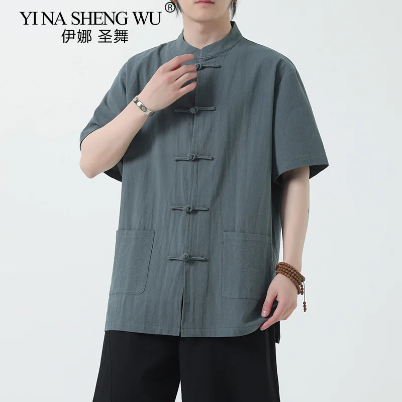 Summer Chinese Style Men's New Chinese Style Cotton and Linen Shirt Tang Suit Short-sleeved Retro Stand-up Collar Buttoned Shirt