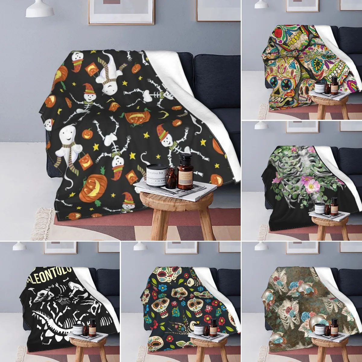 

Colorful Skeleton Blanket Sugar Skull Floral Print Fleece Blanket for Bed Sofa Couch Super Soft Lightweight Warm King Queen Size