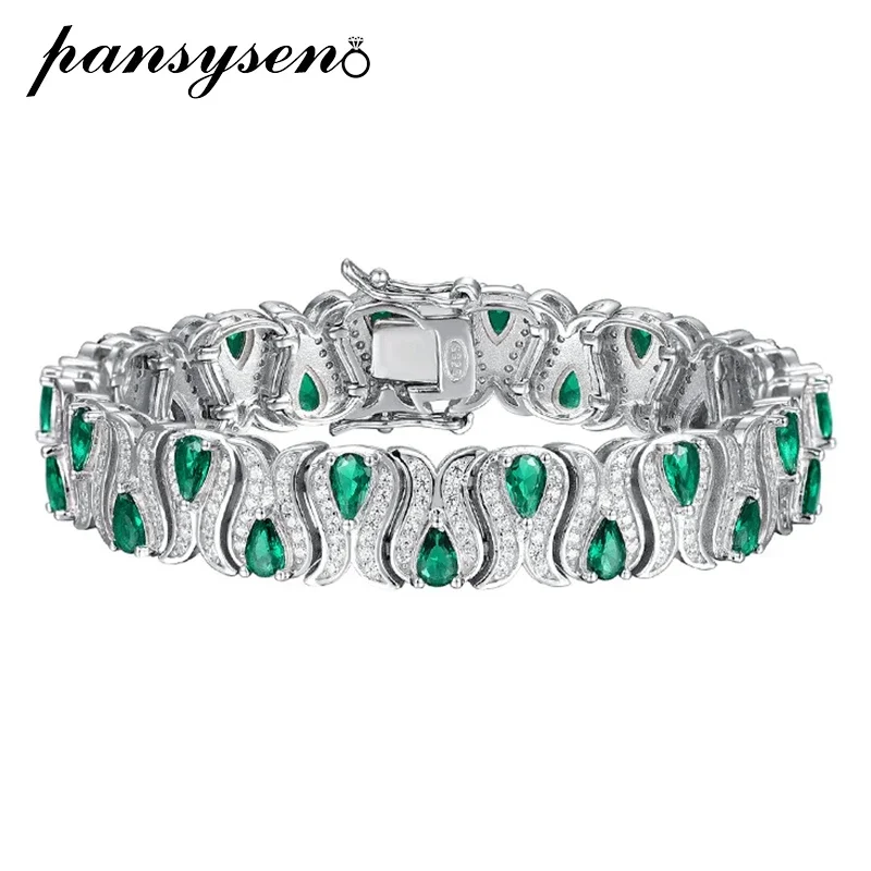 

PANSYSEN 100% 925 Sterling Silver Emerald Ruby Obsidian Gemstone Anniversary Party Charm Bracelets Bangle for Women Fine Jewelry