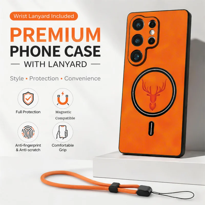 Luxury Leather Magnetic Wireless Charging Phone Case with Lanyard Cover