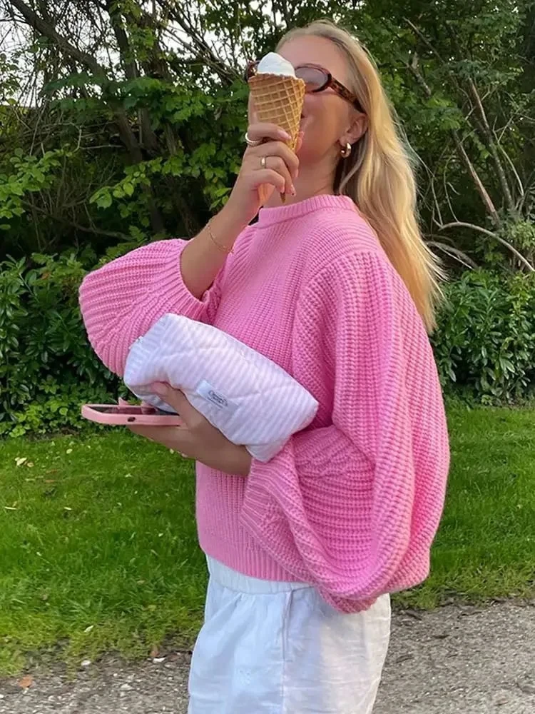 

TRAF Fashion Women Sweaters 2024 Vintage Round Neck Knit Pullovers Woman Clothing Long Sleeve Tops Autumn New Sweet Pink Sweater
