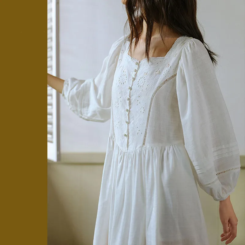 

2022 Women Autumn Long Pure Cotton White Vintage Nightgowns Lace Square Collar Night Dress Casual Loose Full Sleeves Sleepwear