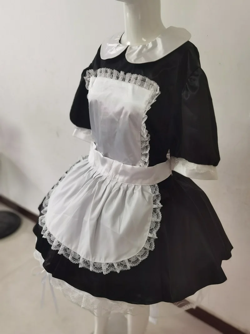 Multi Cor Adulto Gigante Bebê Sexy Menina Vestido Preto Cetim Fino Curto Mangas Sissy Branco Avental Japonês Maid Dance Dress Lockable