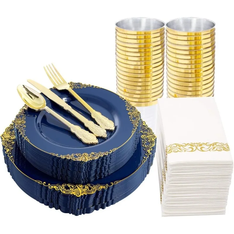 Plastic Plates 175PCS Disposable Party Plates & Pre Rolled Napkins with Cutlery for 25 Guests Plates Silverware Cups Napkin plastic tableware set