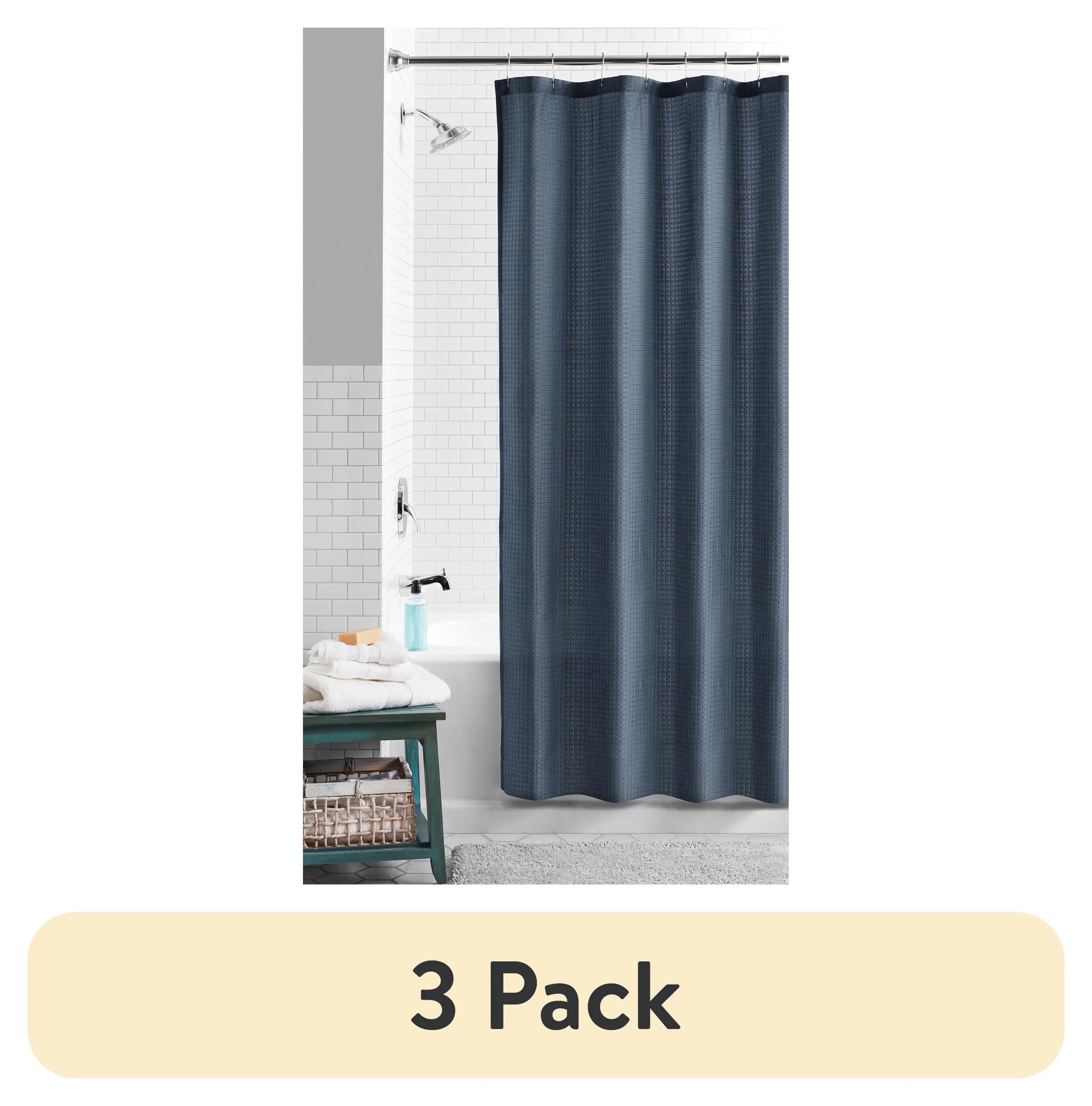 (3 pack) Eco-Friendly Waffle-Weave Fabric Shower Curtain, Recycled Polyester, 72&rdquo; x 72&rdquo;, Navy Blue