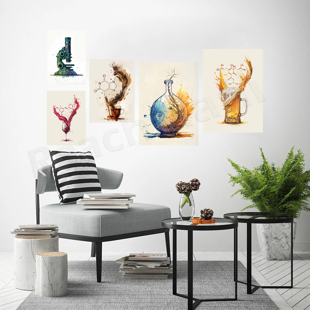 Wine, beer molecule, coffee and caffeine molecule art, chemistry, microscope, chemistry of life poster, gift for science lovers