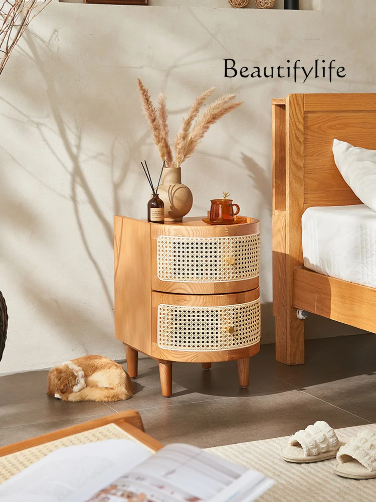 

Solid Wood Rattan Bedside Table Simple Nordic Style Side Table