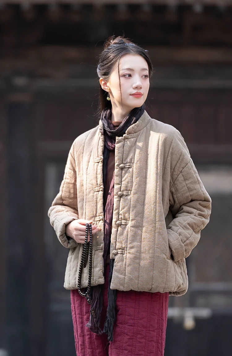Johnature Women Chinese Style Linen Parkas Solid Color Stand Long Sleeve Winter Coats 2025 New Button Plus Cotton Warm Parkas