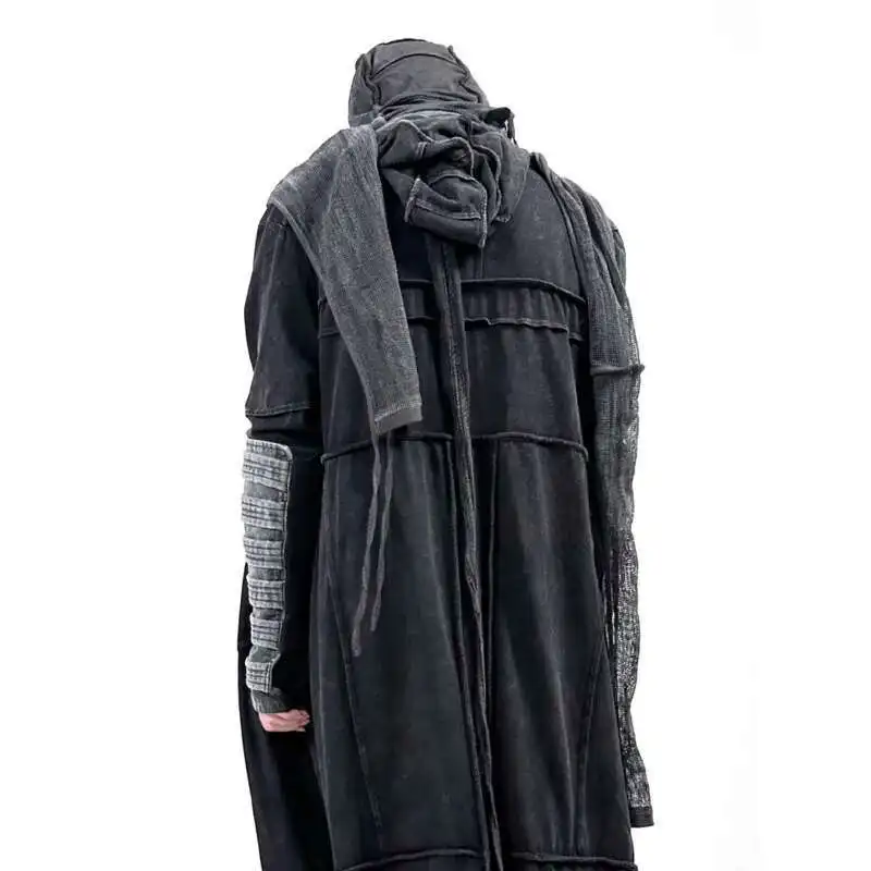HKSH Men Waste Land Sand Vintage Washed Long Hooded Cape Hanging Vertical Cut Windbreaker Bottom T-shirt Long Sleeve Tees HK4376