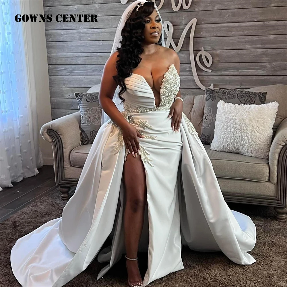 

Luxious Sliver Crystal Beaded White Mermaid African Wedding Dress Sheer Mesh Scoop Neck Beaded Engagement Gowns robe de soree