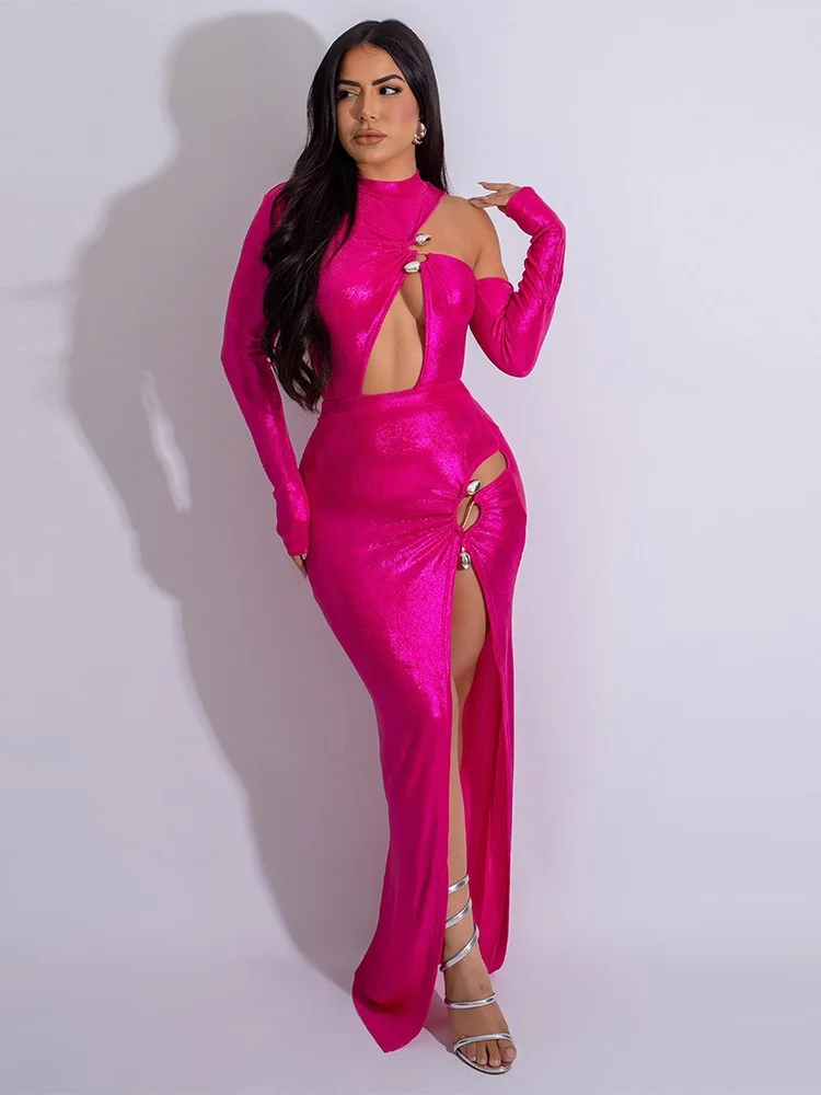 Wmstar Women Dress Wholesale Irregular Hollowed Out Metal Buckle Dress Sexy High Slit Evening Dress for Women New Fashion 2025