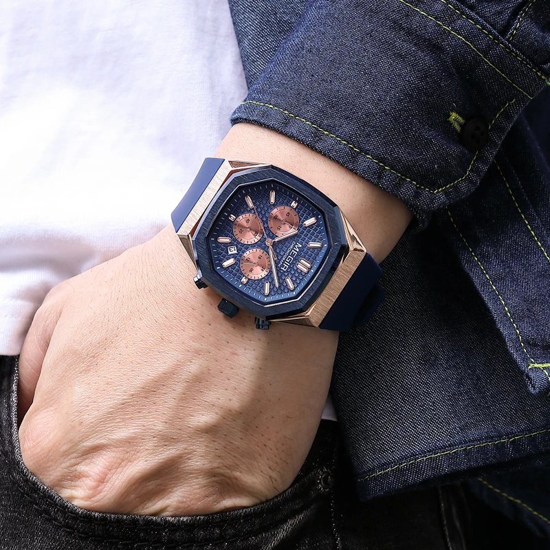 MEGIR Brand New Sport Chronograph Watch Men Silicone Waterproof Fashion Square Luxury Quartz Watches Mens Relogio Masculino