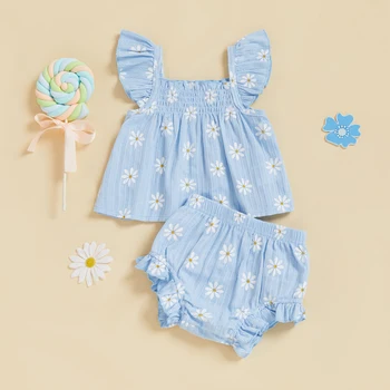 Baby Girl Daisy Outfit Toddler Girls Flying Sleeve Babydoll Tops Elastic Waist Ruffle Shorts Cute Summer Clothes 2Pcs Sets 1