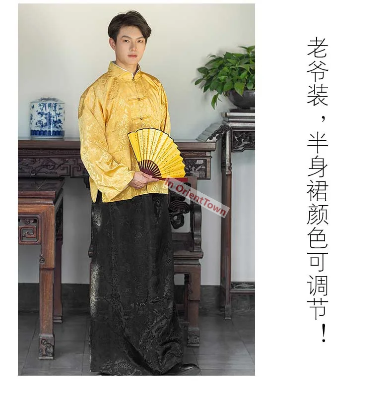 Mens Cotton Linen Gold Red Blue Black Mandarin Jacket Long Robe Male 1900-1949 Traditional Chinese Streetwear Tang Suit