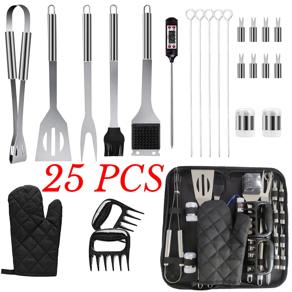 

25-PCS BBQ Accessory Kit with Thermometer,Heavy Duty Complete Stainless Steel BBQ Tool Set with Storage Bag,Best Christmas Gift