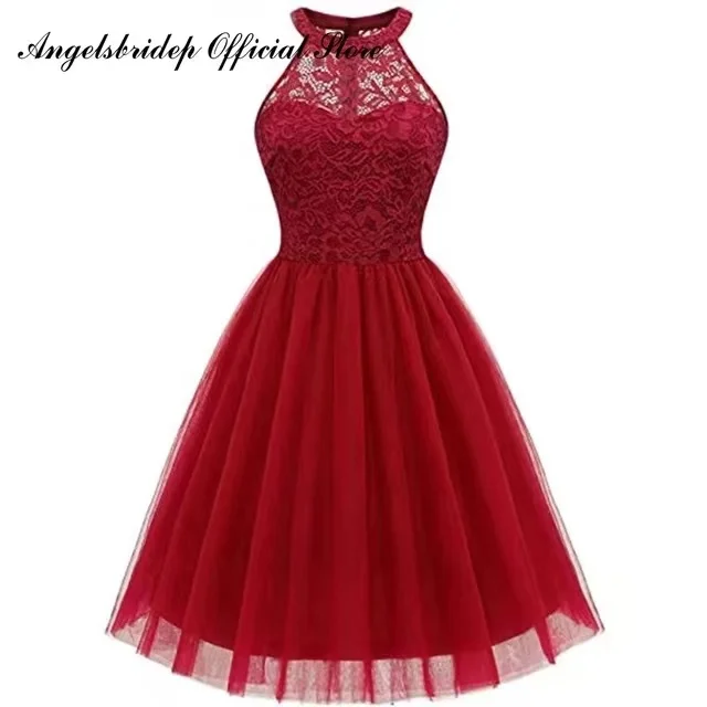 

ANGELSBRIDEP Burgundy Halter Homcoming Dresses Party Gowns Lace Bodice Short Graduation Formal Gowns Vestidos De Gala Custom