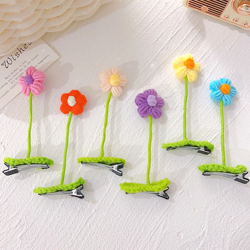 Children Flower Hair Clips Handmade Knitting Wool Hairpin Alligator Clips for Girls Sweet Barrettes Kids Headwear Accessories