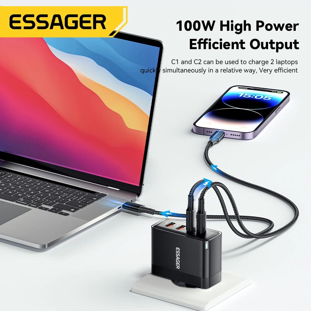 Essager 100W USB Type C Charger 65W PD Quick Charge4.0 3.0 Type-C Fast Charging For iPhone 16 15 14 13 Pro Xiaomi Macbook Laptop