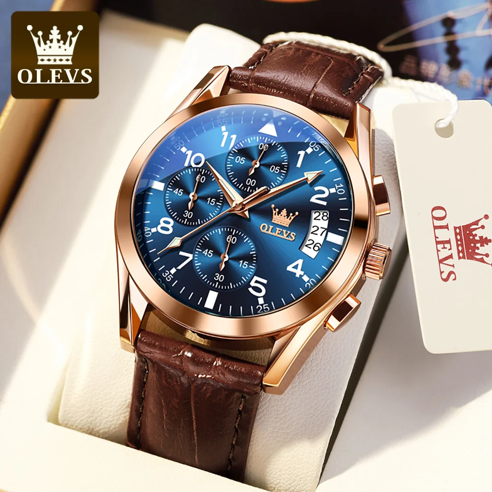 

OLEVS Fashion Brand Men's Watches Leather Strap Calendar Chronometer Quartz Watch Waterproof Original Watch for Male Luminous