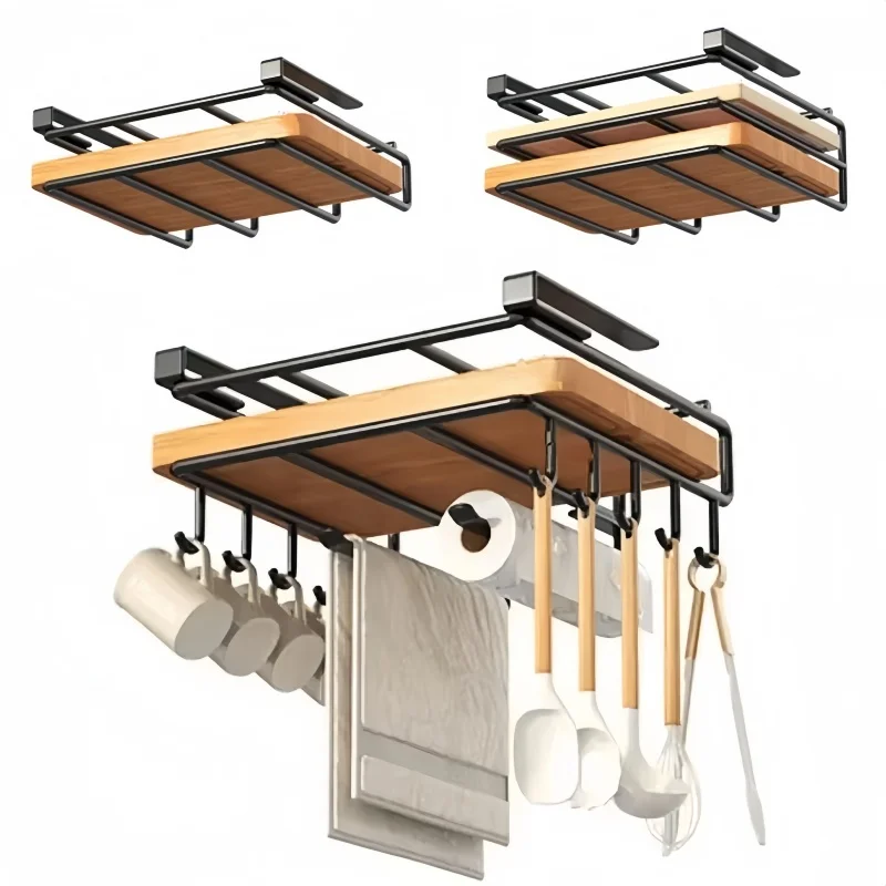 Storage Box Storage Tray Rotating Storage Organizer Kitchen Shelves Hanging Organizer Rack with Hooks Under Cupboard Paper Towel Rags Hanger Cutting Board Pot Cover Holder Storage