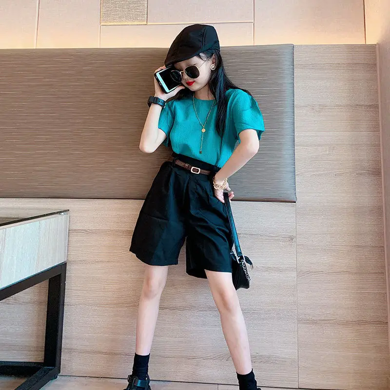 

Summer Teen Girls Clothing Sets Children New Fashion Solid Tops + Loose Short Pants 2Pcs Outfits Kids Tracksuit 6 8 10 12 Years