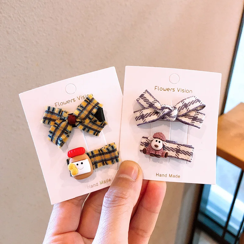 New 2pcs Gilrs Cute Bow Flower Hair Clips Lace Plaid Kint Hairpins for Baby Girls Korean Style Kid Hair Accessories