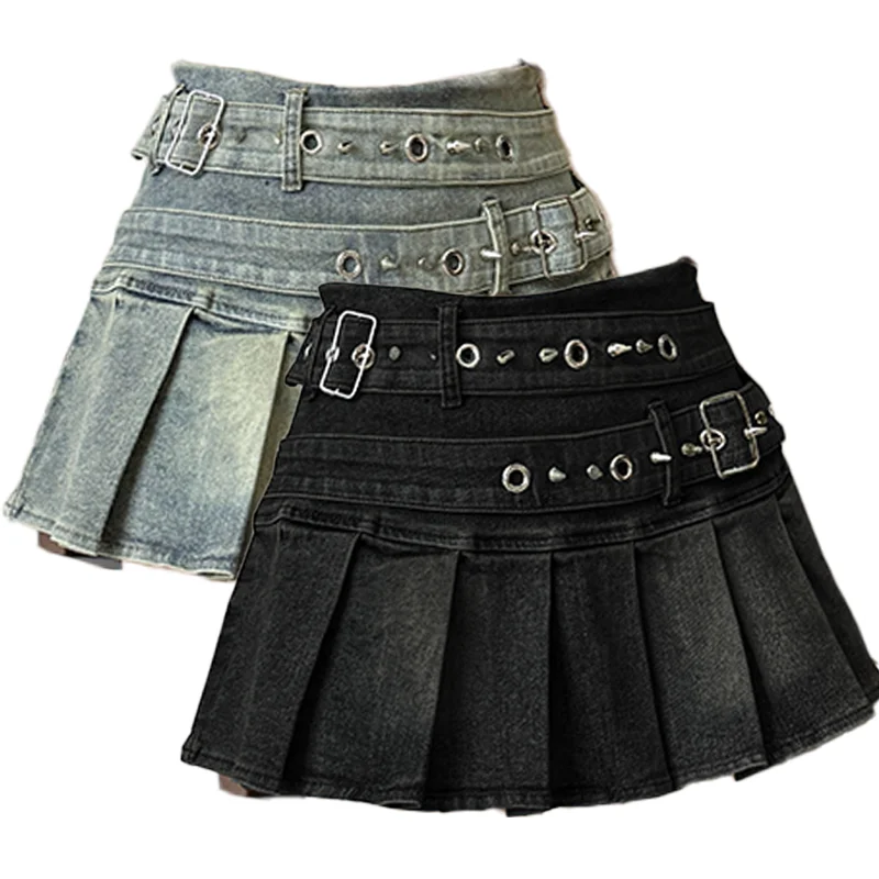 【Anyone more】Hanti Black Blue Denim Pleated Skirt Pleated Denim Mini Skirt High Waisted Denim Mini Skirt