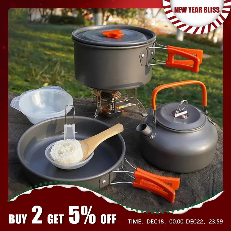 캠핑  알루미늄 휴대용 캠핑 조리기구 세트, 야외 식기, 요리 키트, 팬 그릇, 주전자, 냄비, 하이킹, 바베큐, 피크닉 장비 