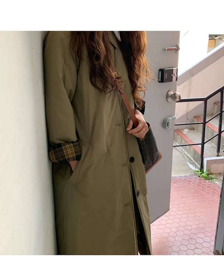 Autumn Winter Korean Army Green Warm Jacket Lapel Check Sleeves Straight Coat Fashion Medium Long Ladies Puffer Padded Outwear