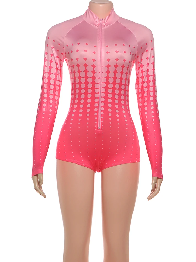 Nibber Letter Print Playsuits Woman Sexy Gradient Design Autumn Style Zip Cardigan Full Sleeve Skinny Stretch Classic Rompers