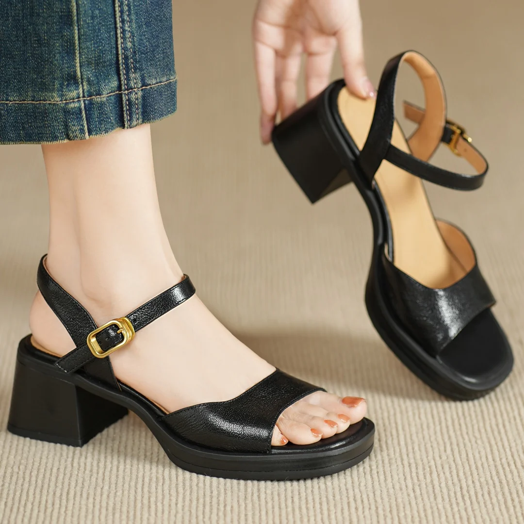 Women's genuine leather ankle strap open toe sandals 6cm chunky heel platform female summer pumps heeled OL style daily shoes