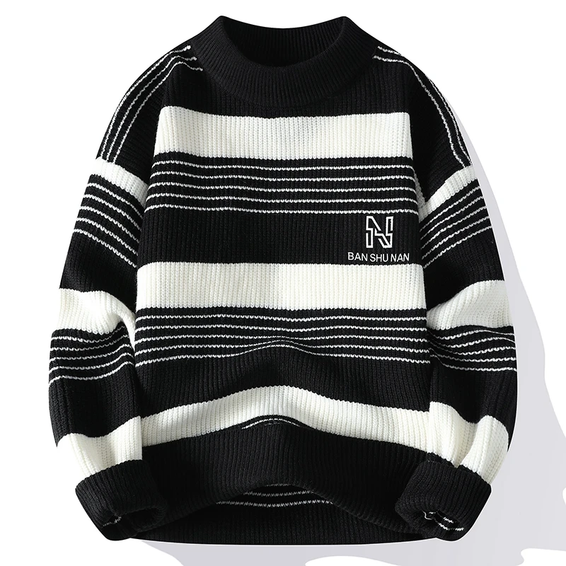 

Autumn and Winter New Casual Gentleman Fashion Business Korean Version Slim-fit Trend Striped Solid Color Men's Crewneck Sweater
