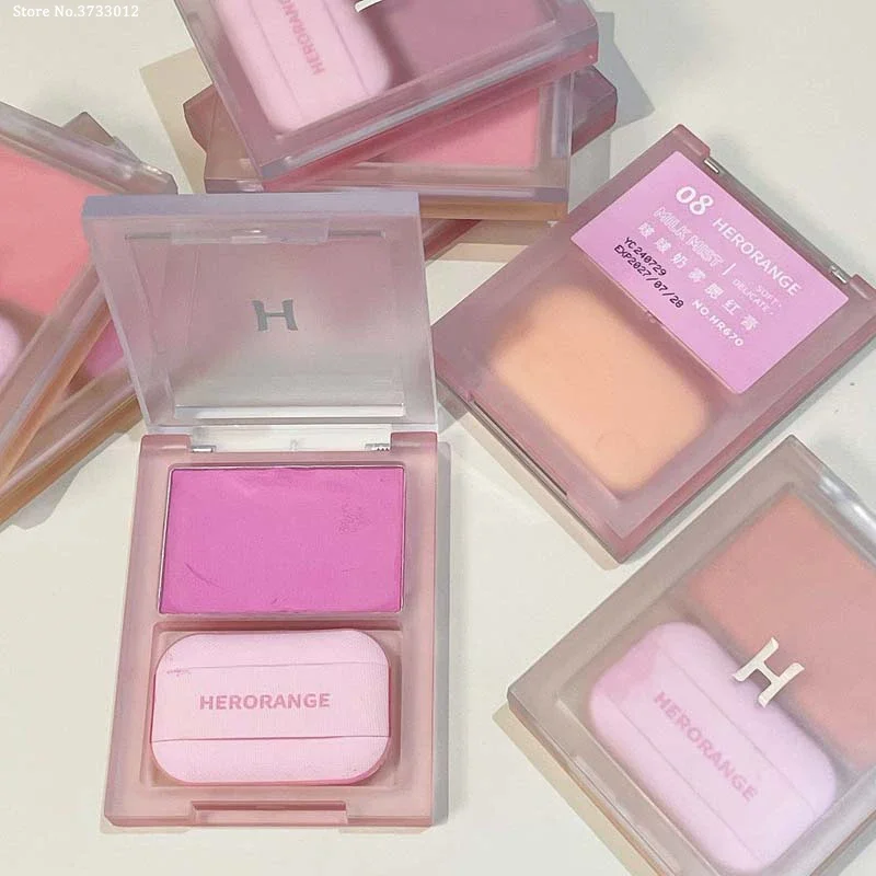 Pink Purple Mist Blusher Cream With Puff Matte Brighten Cheek Enhance Complexion Face Contouring Shadow Rouge Mud Makeup 2