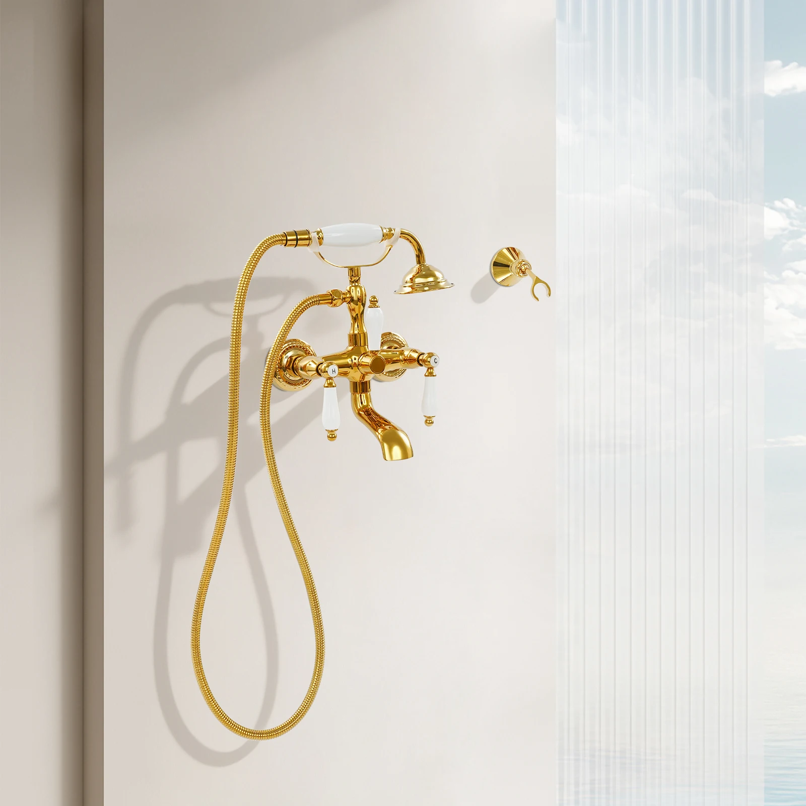 Wandmontierter Badewannen-Wasserhahn im Vintage-Stil mit Handbrause in Silber/Gold – Detail 1