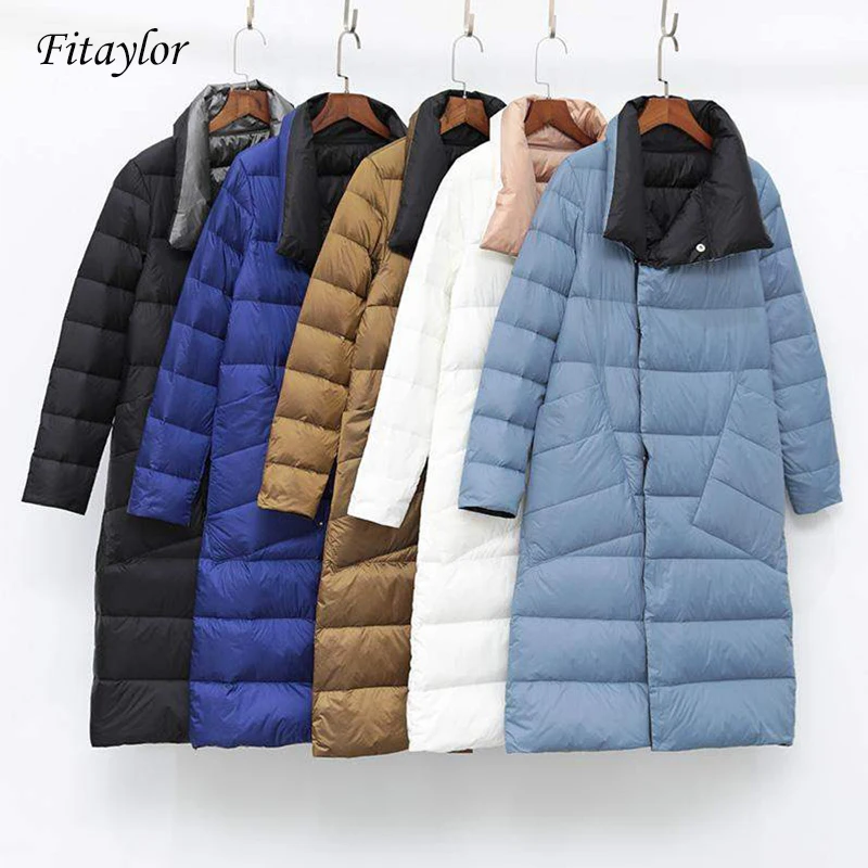 Fitaylor  Women Double Sided Down Long Jacket White Duck Down Coat Winter Double Breasted Warm Parkas Snow Outwear images - 6