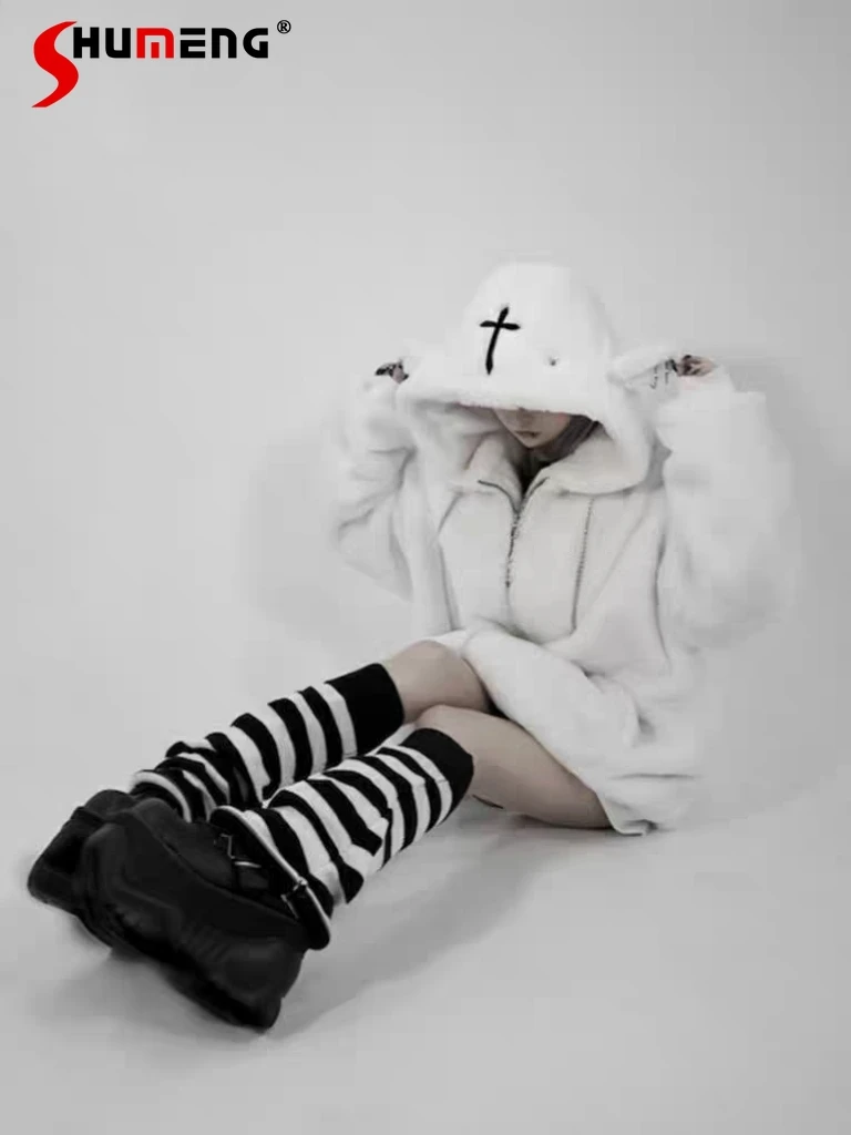 Japanese Style Punk Loose Fur Coat Autumn and Winter Harajuku Style Asian Mine Style Long Sleeve Lamb Ears Hooded Plush Coats