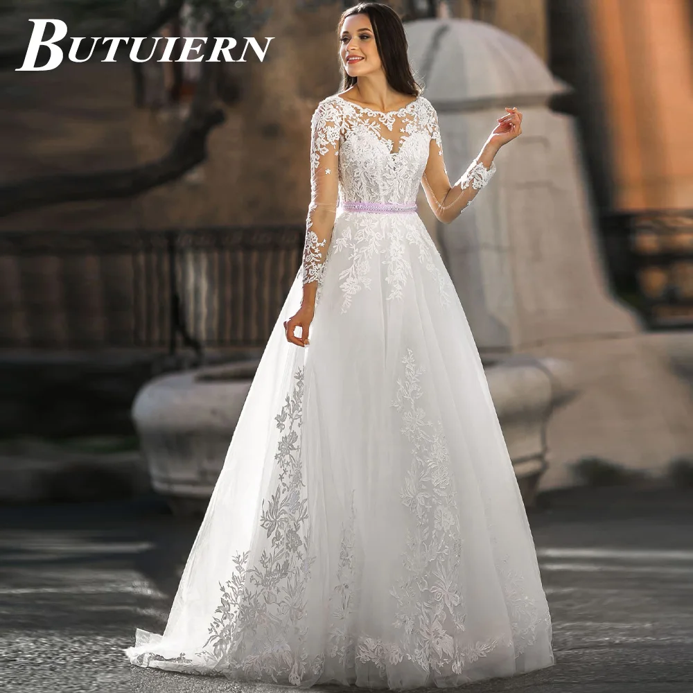 

COZOK Illusion Appliques Wedding Dress O Neck Tulle Aline Long Sleeves Bridal Gown Backless Button With Court Train Personalised