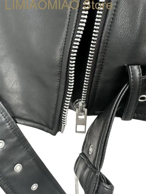 Women belt washed leather jacket degradable zipper short jacket retro return collar elegant jacket