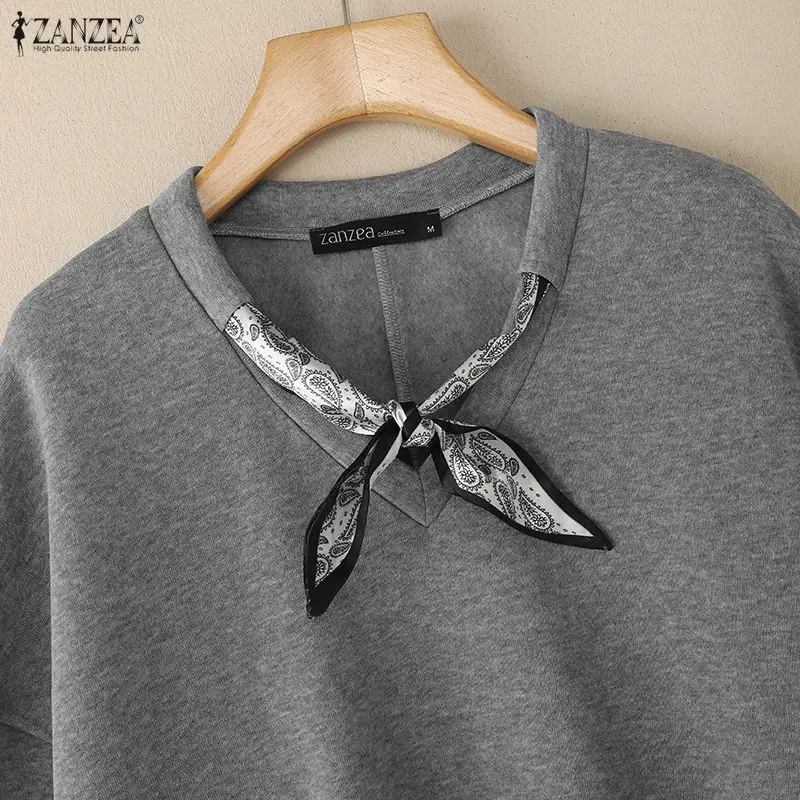ZANZEA Women's Solid Color High-Low Sweatshirt with Scarf V-Neck Long Sleeve Knitted Pullover Tops Loose Casual Woman Clothing