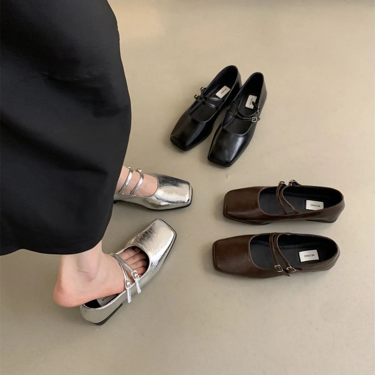 

Женские туфли на плоской подошве, серебристые туфли с квадратным носком, вечерние туфли во французском стиле, осень 2023