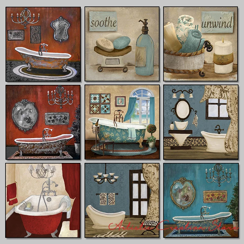 โปสเตอร์ติดห้องน้ำสไตล์วิกตอเรียนย้อนยุคภาพศิลปะบนผืนผ้าใบภาพพิมพ์วินเทจศิลปะบนผนังทำงานสำหรับการตกแต่งบ้านในห้องน้ำสำหรับครอบครัว 1