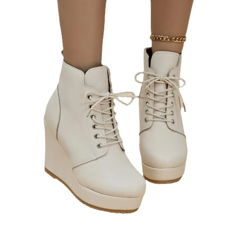 Women's Boots Short Lace Up Wedge Booties Platform Wedge Vintage Booties Comfortable Roman Heels Boots Zapatillas De Mujer