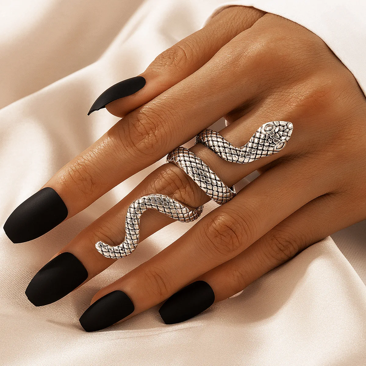 Vintage Long Snake Ring Set For Women Gothic Black Gold Silver Color Adjustable Finger Jewelry Accessories Female Gift,ring set,gold color rings,finger ring,gold color ring,silver ring,adjustable rings,animal ring,jewelry accessories