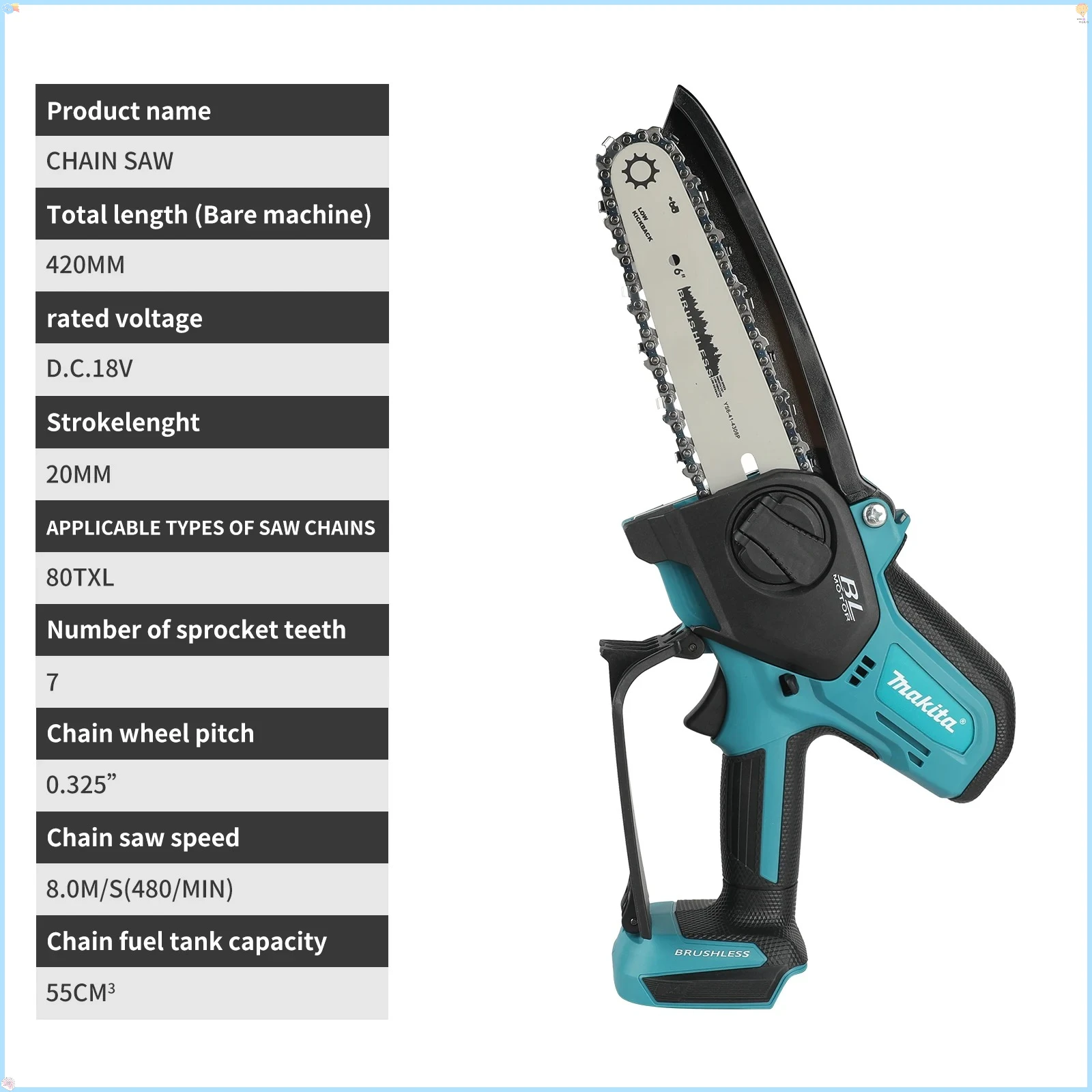 마키타 18V-20V 6인치 체인톱 휴대용 목재 절단 체인톱 정원 가지치기 목재 전동 공구
