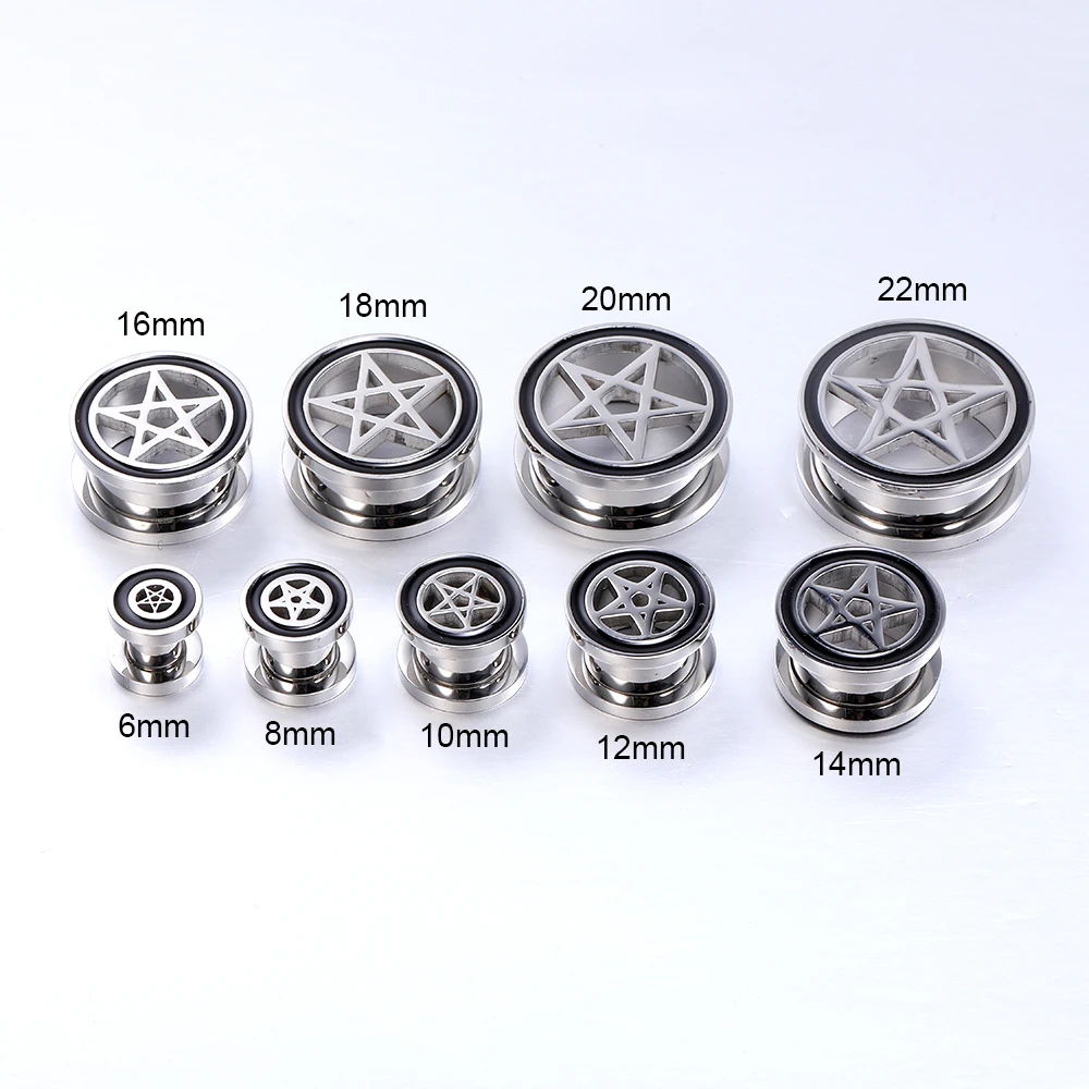 Stainless Steel Double Flared Ear Tunnel Flesh Plugs Earrings 1 Pair Pentagram Star Gauges Body Piercing Jewelry