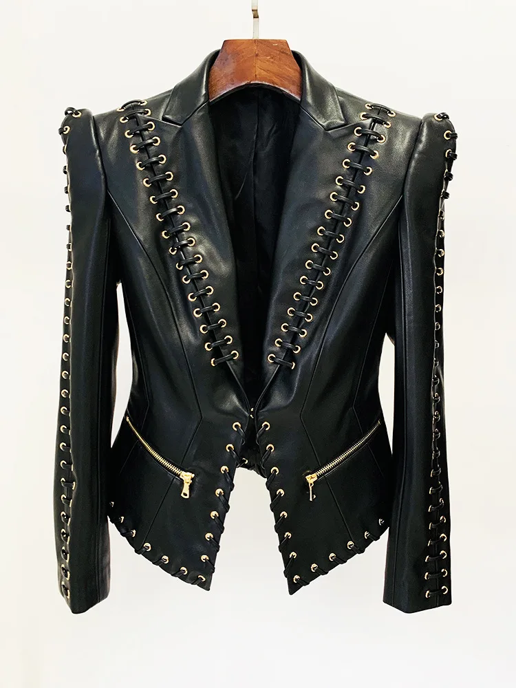 

ВЫСОКОЕ КАЧЕСТВО 2024, новый дизайнерский черный пиджак из искусственной кожи, женский облегающий кожаный блейзер со шнуровкой на веревке, женский наряд
