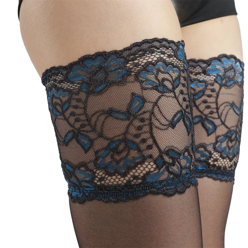 15 cm lange, blau/rote, bestickte Spitzen-Overknee-Strümpfe im Nachtclub-Stil, charmante Damen-Overknee-Socken – Detail 6