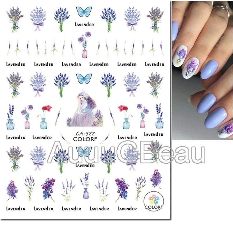 3d Nail Art Decals Purple Florals Lavender Flowers Letters Adhesive Sliders Nail Stickers Tips Manicure