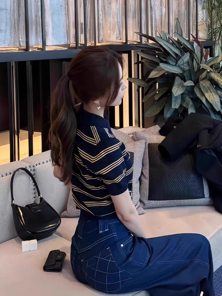 Ele Retro Color Blo  Ne ort Sve T-irt Women Summer Thin Ice Silk Knitted Top Slim Fit Korean Sle Commute