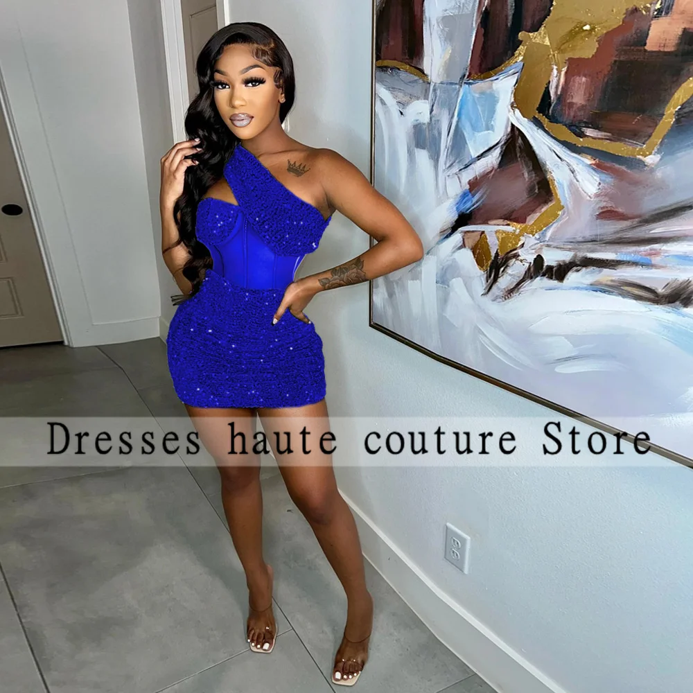 

Sheer Mesh Sequin One Shoulder Mini Cocktail Dresses 2023 Birthday Party Dress Short Mermaid Prom Dresses Homecoming Dresses